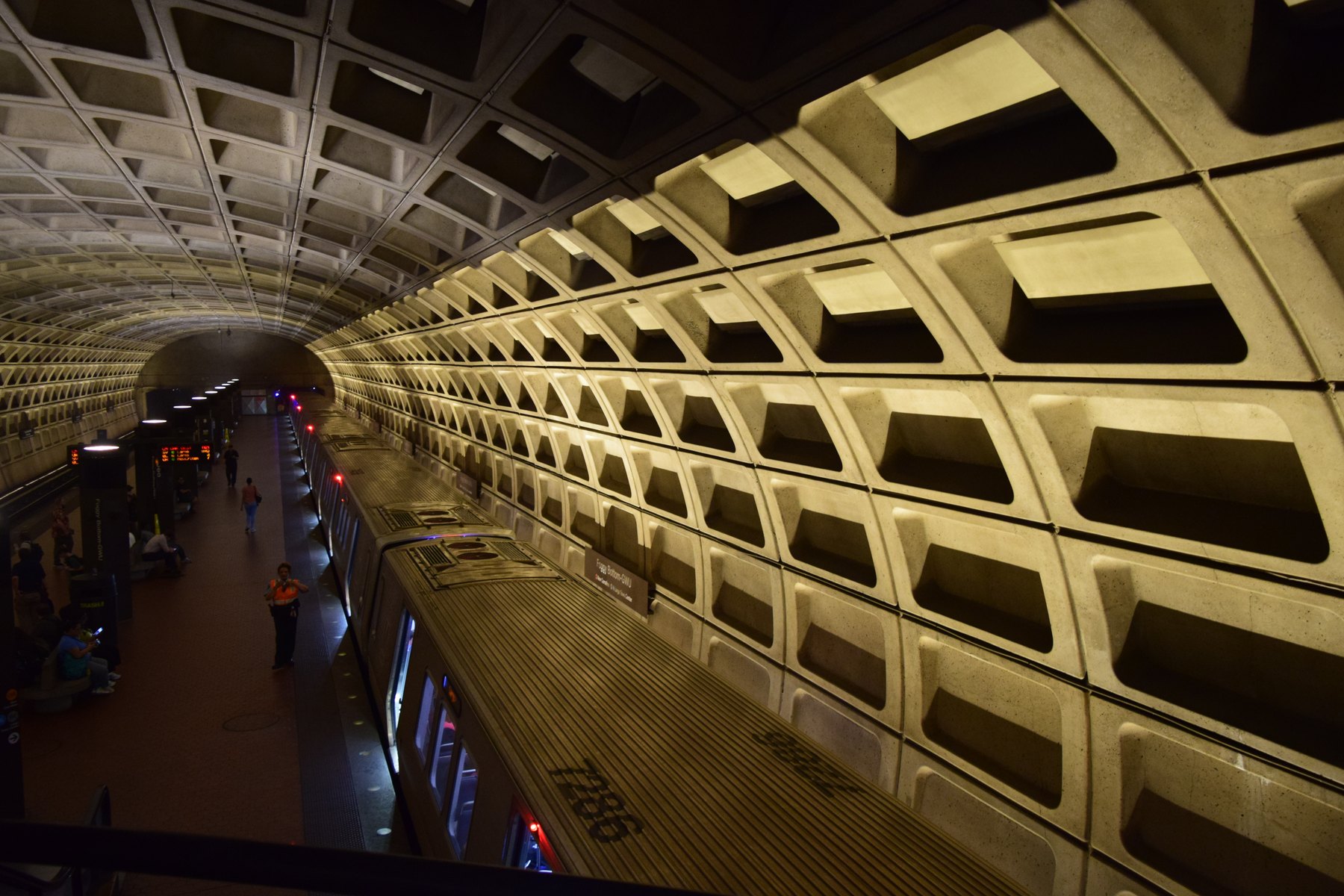 View over a Washington DC metro station platform and train