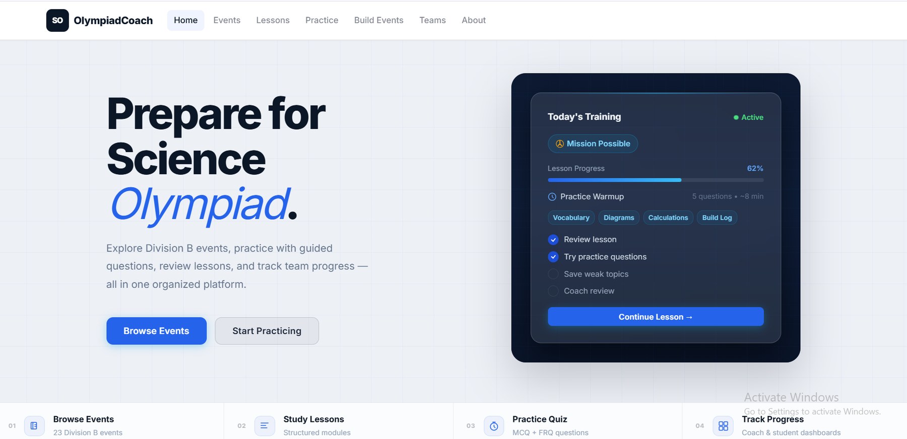 OlympiadCoach science learning platform interface
